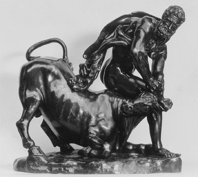 Hercules and the Cretan Bull, early 17th century bronze sculpture. 