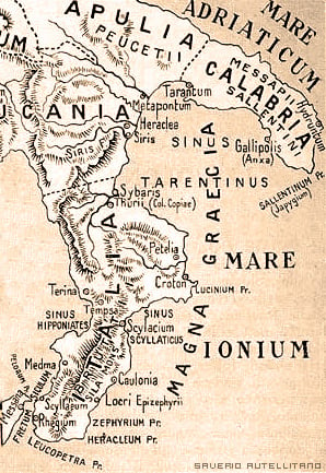 Italy according to the ancient Greeks, corresponding to modern Calabria, scanned from a 19th century book. 